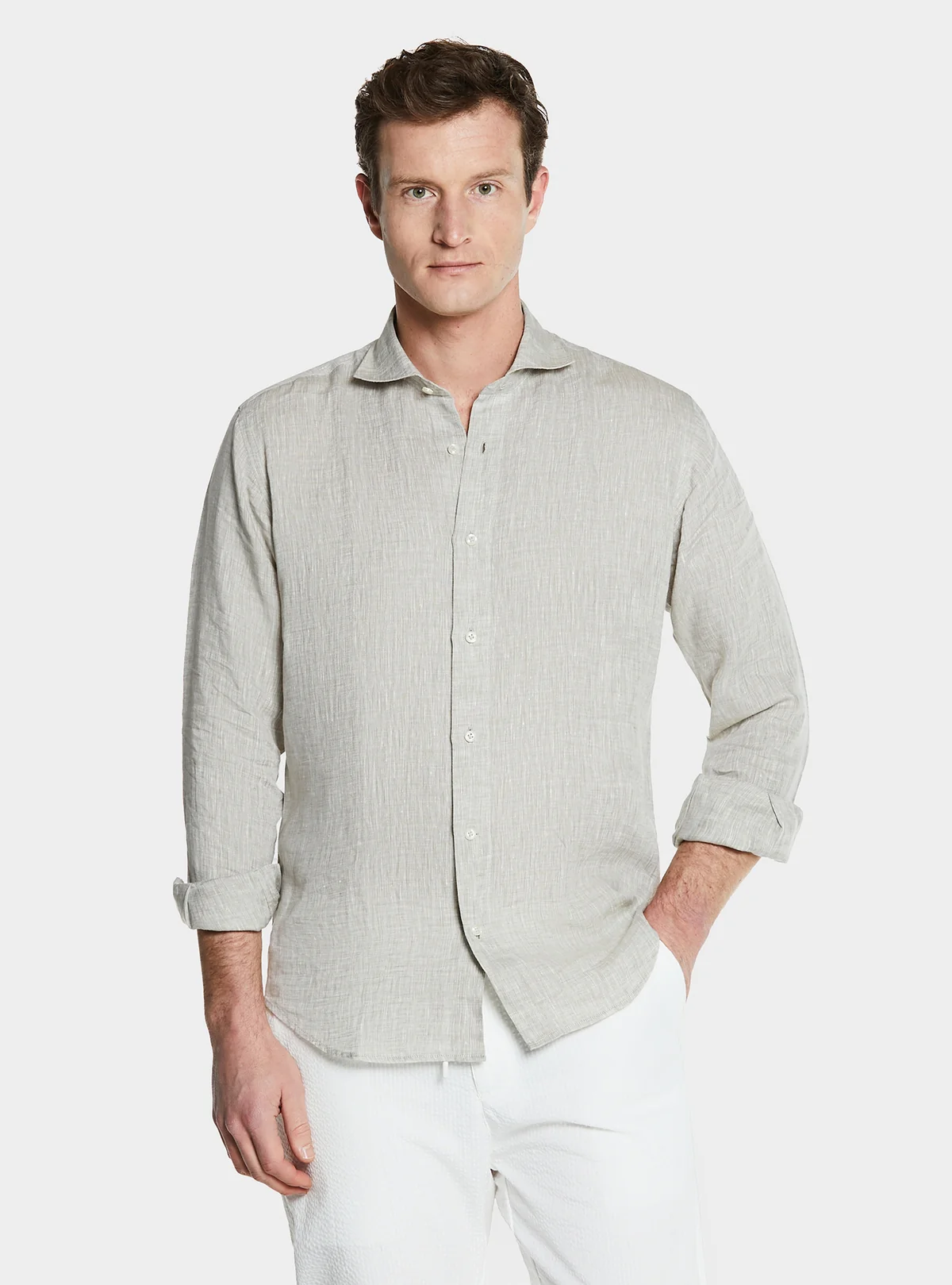 Camicia collo francese in lino tinta unita - Image 2