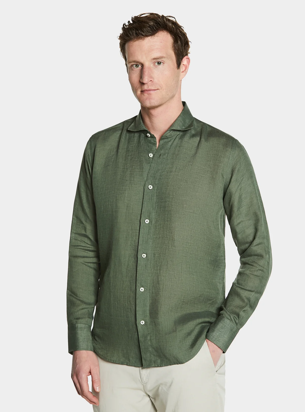 Camicia collo francese in lino tinta unita - Image 2
